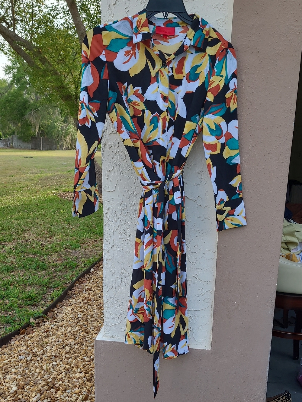 Jennifer Lopez Dress Wrap Tie Floral Multicolor Midi Abstract Long Sleeve